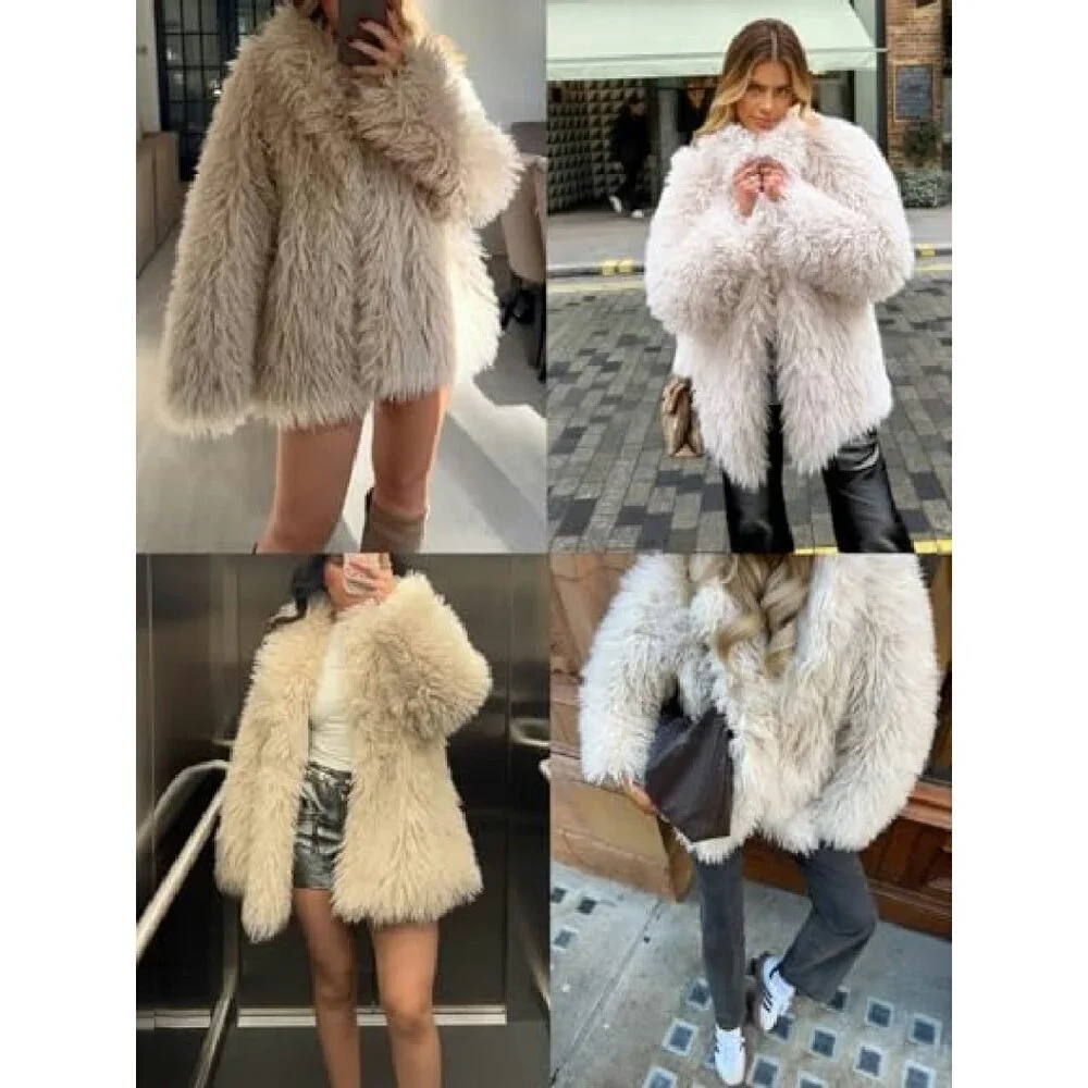 Oversized Faux Fur Coat Lapel Collar Open Front Winter Jacket